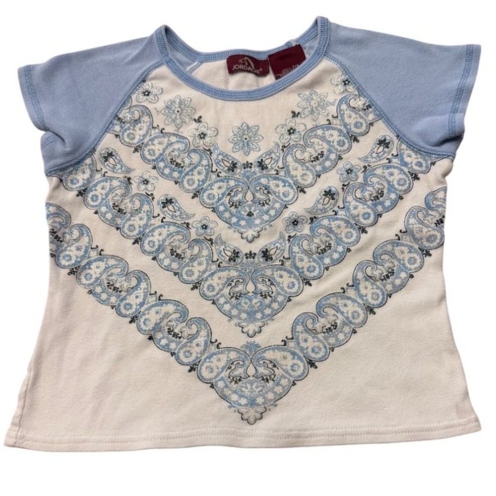 Jordache Girls 7 8 Vintage Y2K White Blue Paisley Print Raglan Sleeve Womens XS